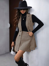 2pcs/Set Women Winter Black & White Houndstooth Sleeveless Double-Breasted Top & Retro Style A-Line Skirt, Casual Set